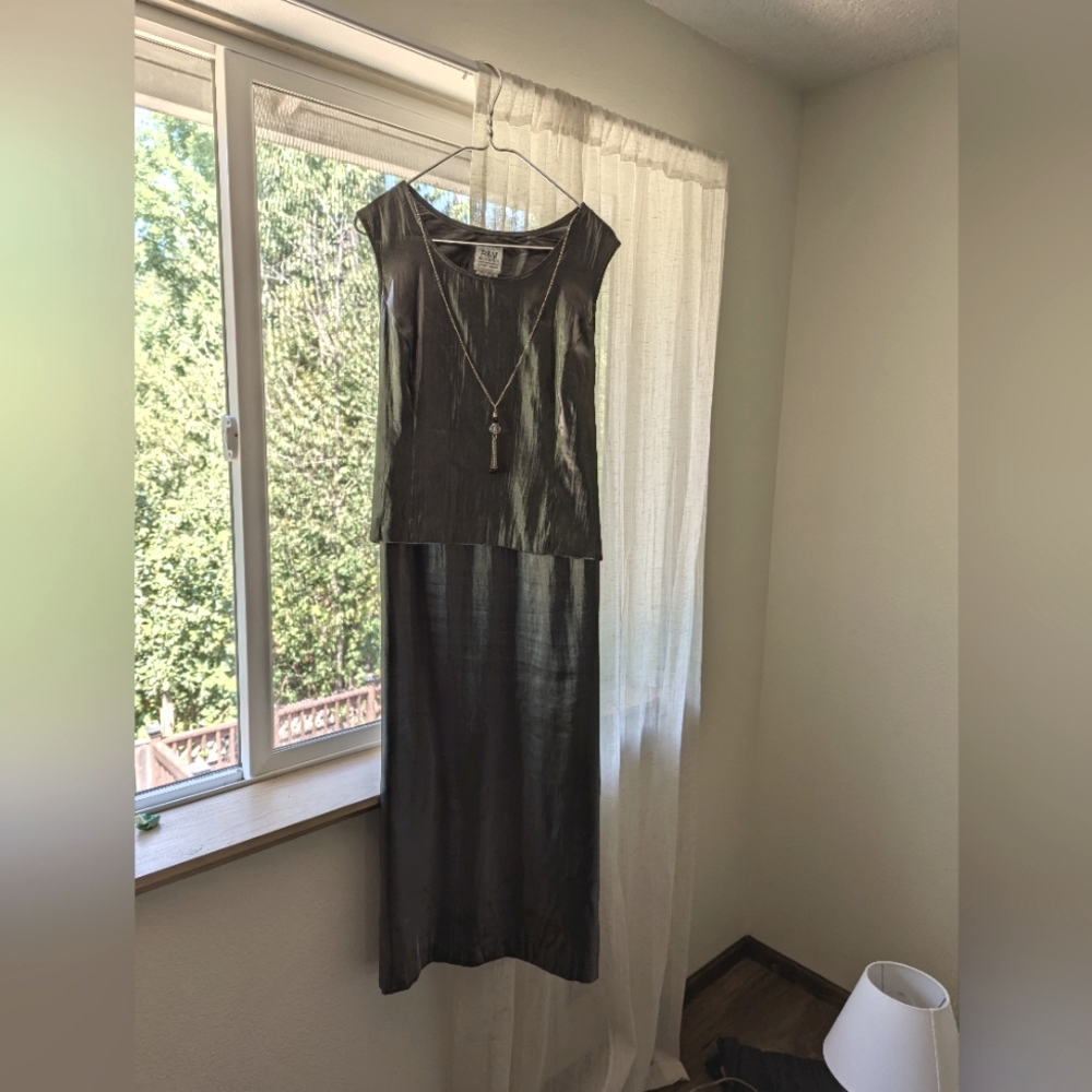 R&M Richards by Karen Kwong Gunmetal Metallic Gown with Detachable Necklace